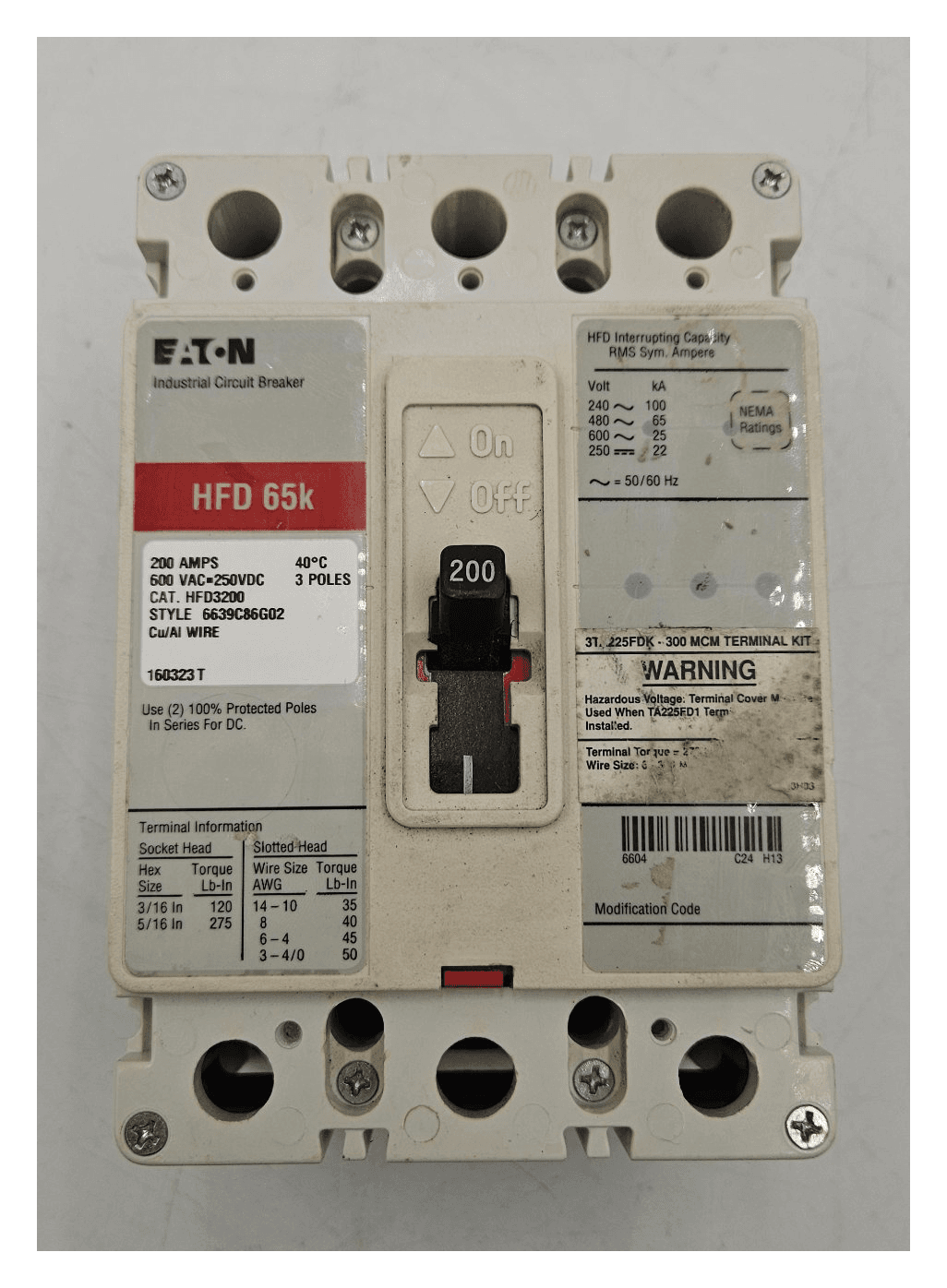 Eaton HFD3200 Circuit Breaker 200A 600V 3P Used – image 1