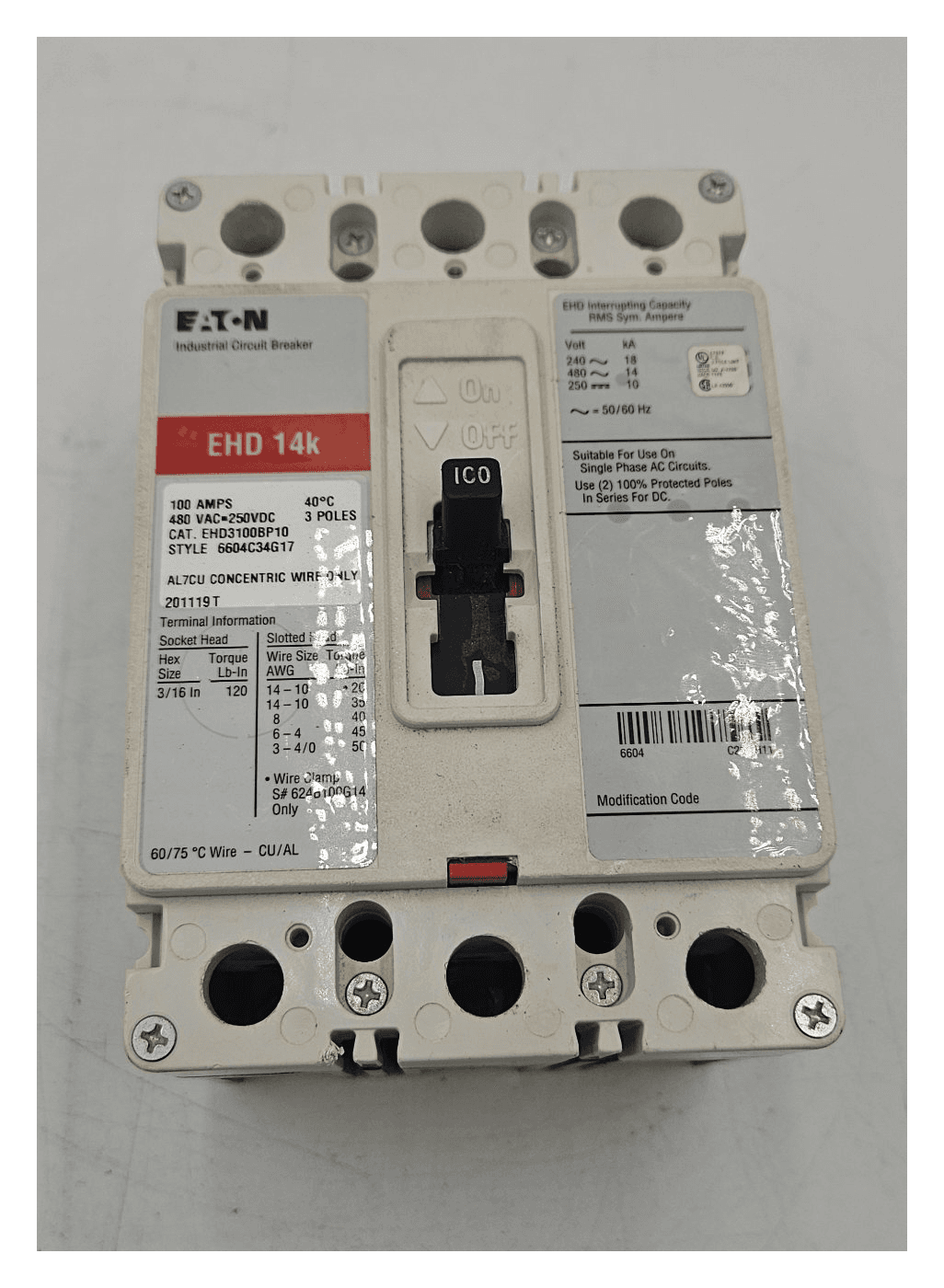 Eaton EHD3100BP10 Circuit Breaker 100A 3P 480V Used – image 1