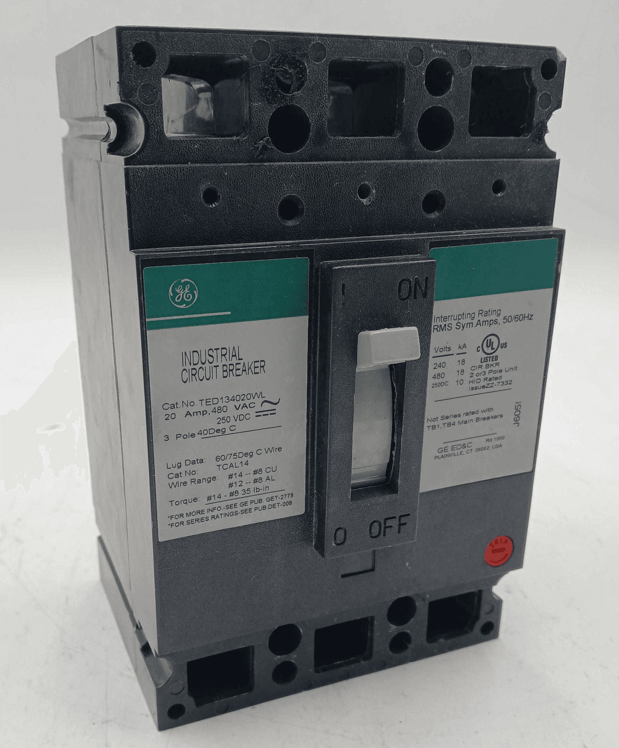 GE TED134020WL Circuit Breaker 20A 3P 480V I-Line