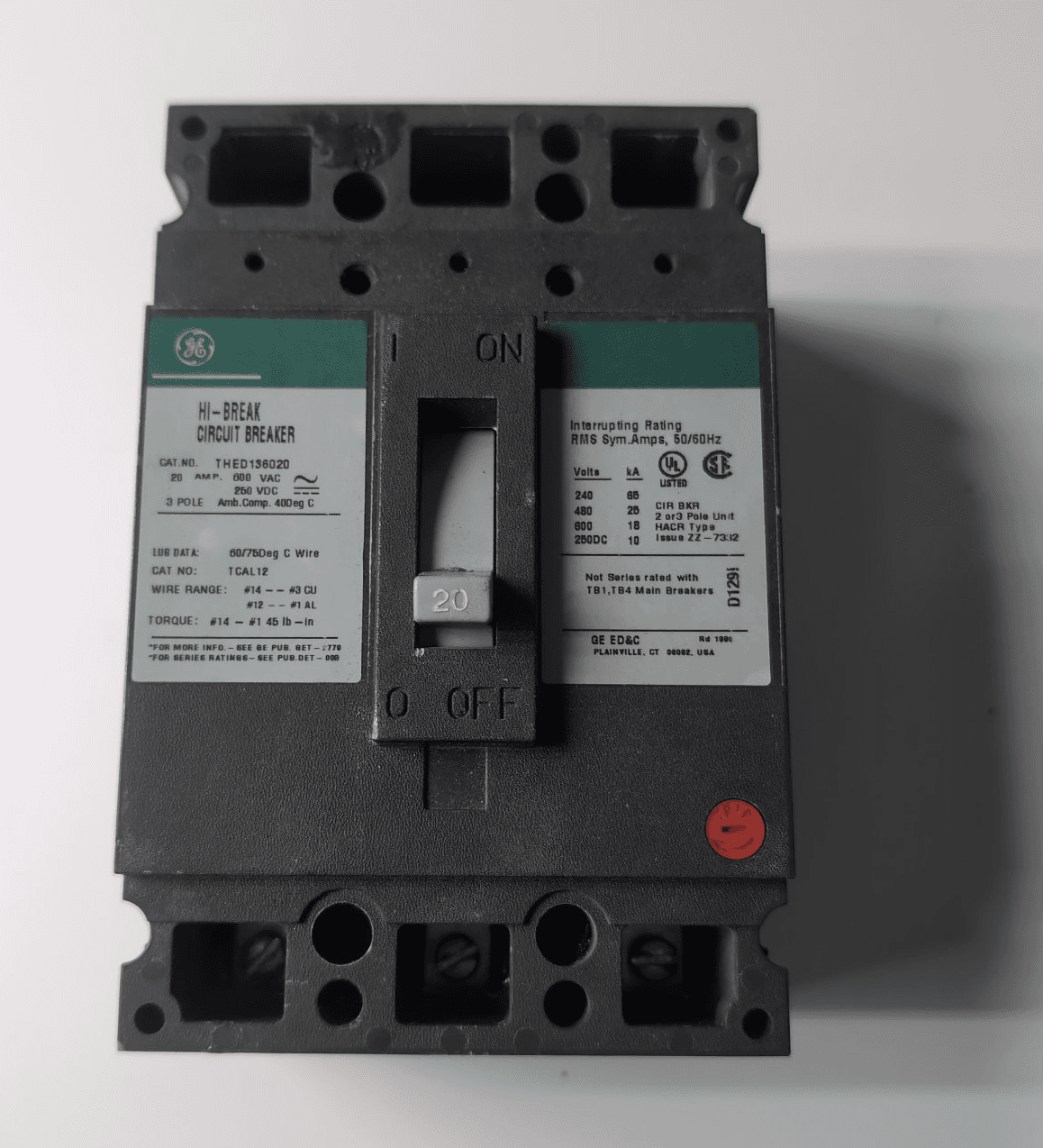 GE THED136020 Circuit Breaker 20A 3P 600V
