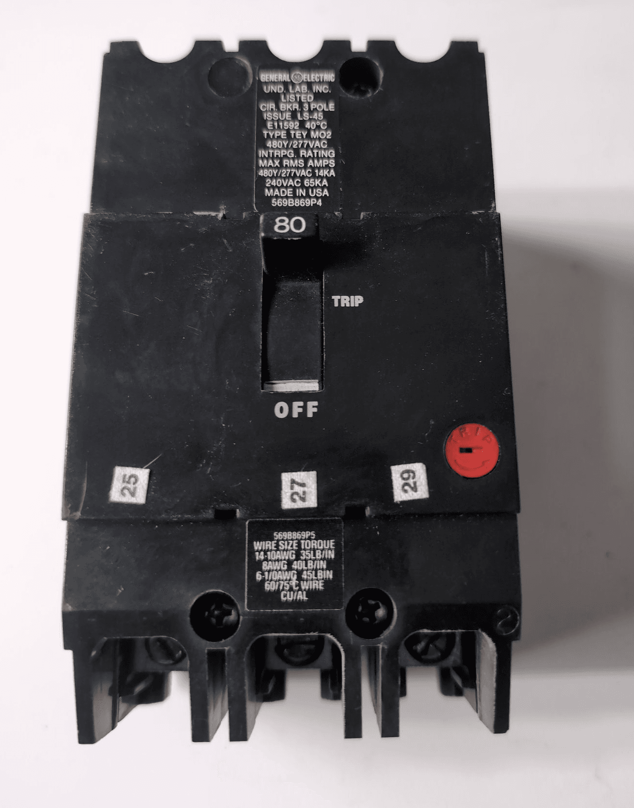GE TEY380 Circuit Breaker 80A 277V 3 Pole – image 1