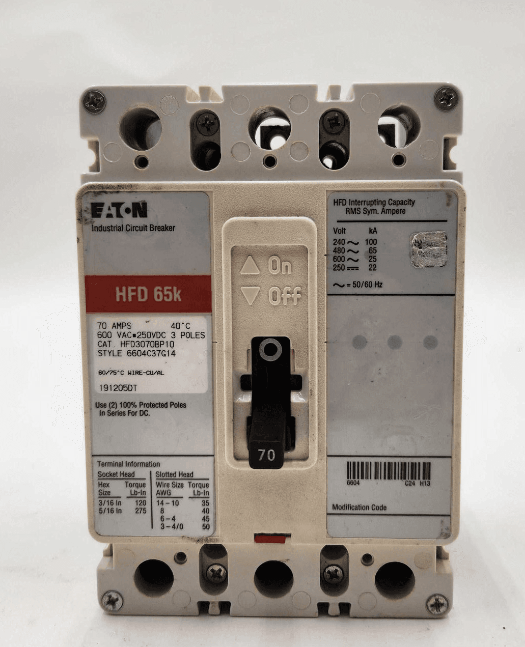 Eaton HFD3070BP10 Circuit Breaker 70A 600V 3P – image 1