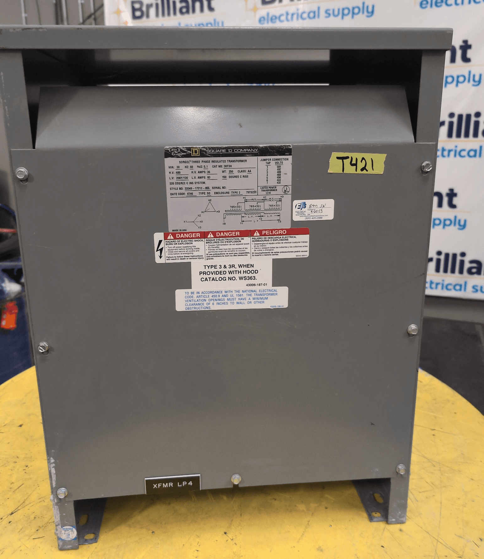 Square D 30T3H 30kVA Dry Type Transformer 480V/208-120V NEMA 2