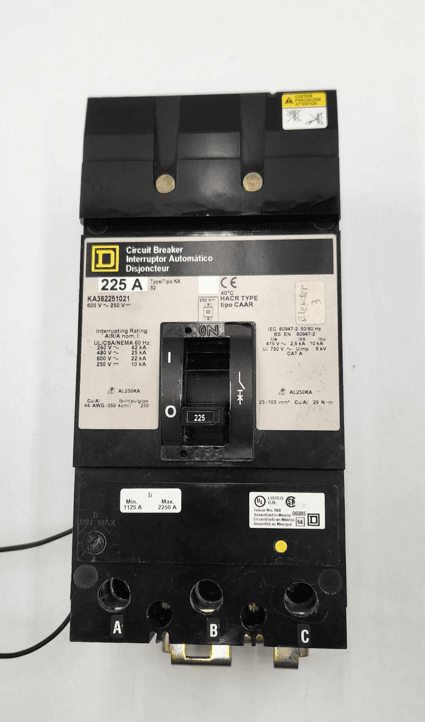 Square D KA362251021 Circuit Breaker 225A 600V 3P with Shunt Trip