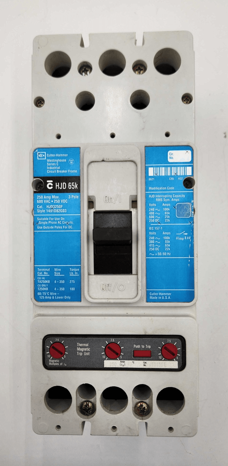 Eaton HJD3150 Circuit Breaker 250A 600V 3P with 150A Trip Unit – image 1
