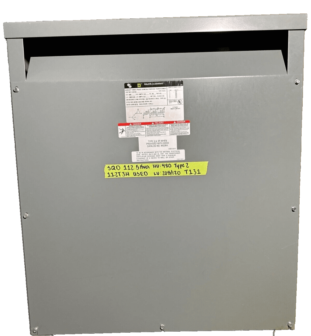 112.5KVA SQD 112T3H Transformer Pri 480V Sec 208/120V 3PH Type 2 Encl – image 1