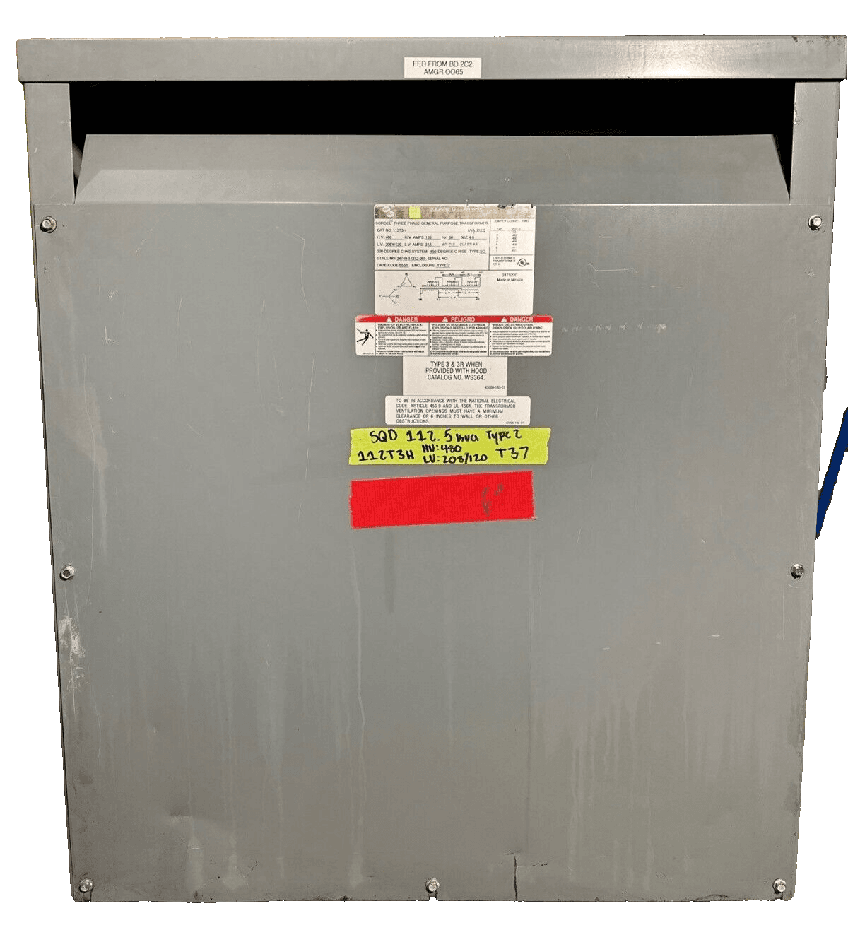 112.5KVA Square D 112T3H Transformer HV 480V LV 208Y/120V 3PH Indoor – image 1