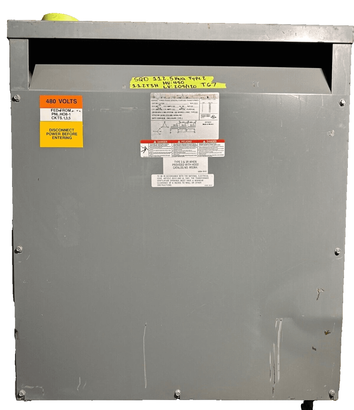 112.5KVA Sq D 112T3H Transformer HV 480V LV 208Y/120V 3 Phase 60Hz NEMA 1 3PH – image 1
