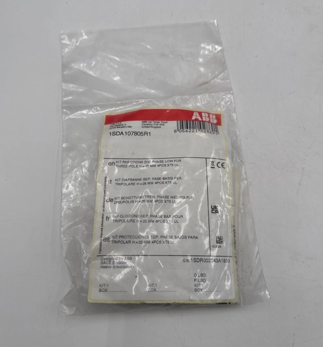 ABB 1SDA107805R1 Kit Partitions Div. Phase Low for 3 Pole H=25mm XT5 UL 4PCS – image 1
