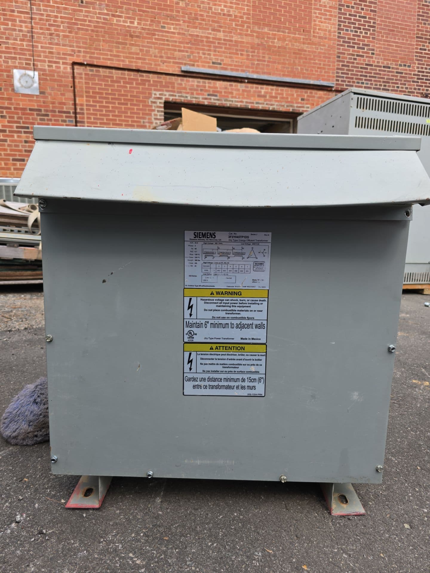 45KVA Siemens 3F3Y045TP1DS Transformer Pri 480V Sec 208/120V 3PH 3R Encl – image 1