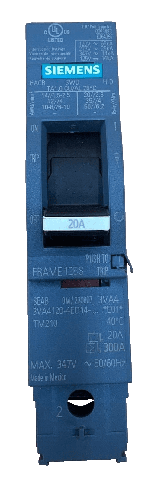 Siemens 3VA4120-4ED14-0AA0 Circuit Breaker 20A 277V 1P Bolt On 20 Amp 1 Pole