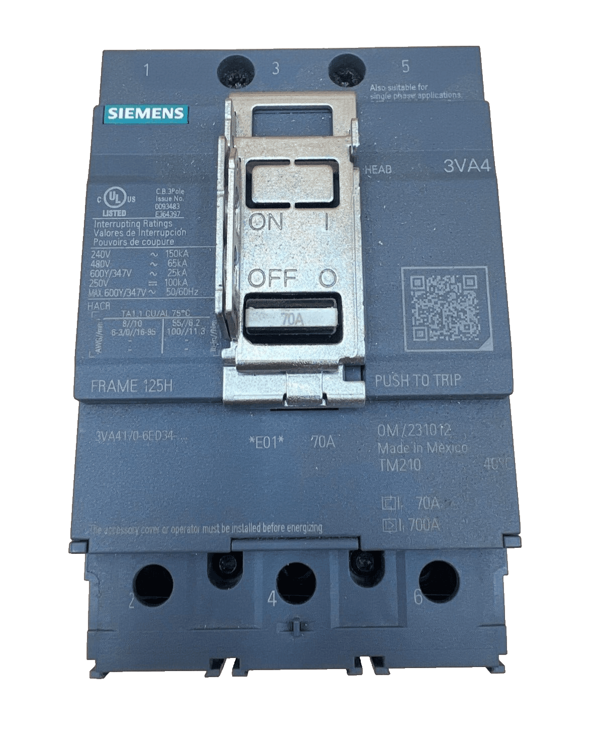 Siemens 3VA4170-6ED34-0AA0 Circuit Breaker 70A 600V 3P Bolt On 70 Amp 3 Pole – image 1