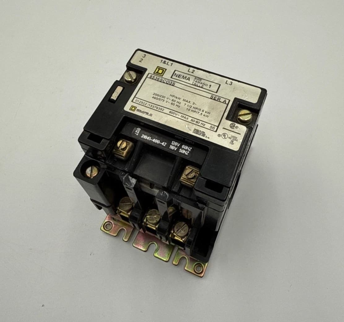 Square D 8536SCO3S NEMA Size 1 Contactor 3P 600V 3PH 10HP Coil 110/120V Ser A