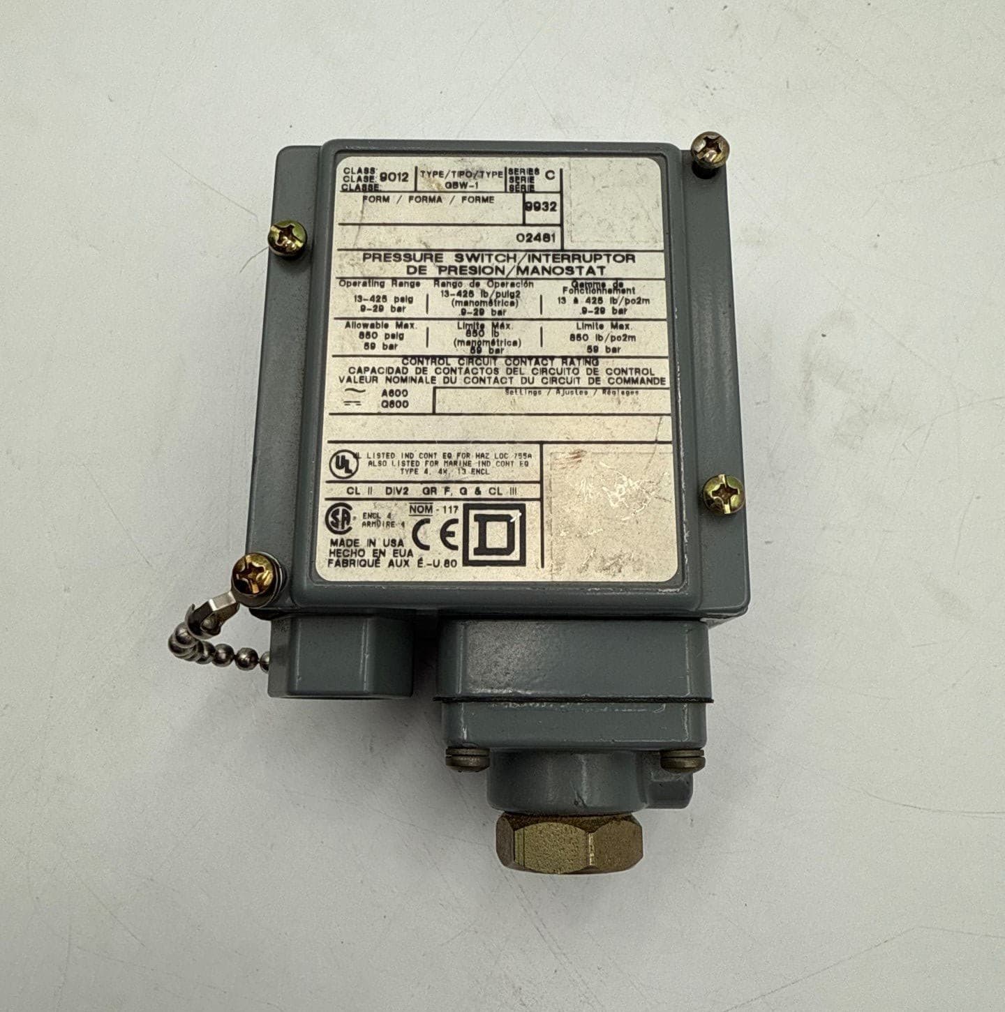 Square D 9012 GBW-1 Pressure Switch Adjustable 13-425 PSIG 120/240V 9012GBW1