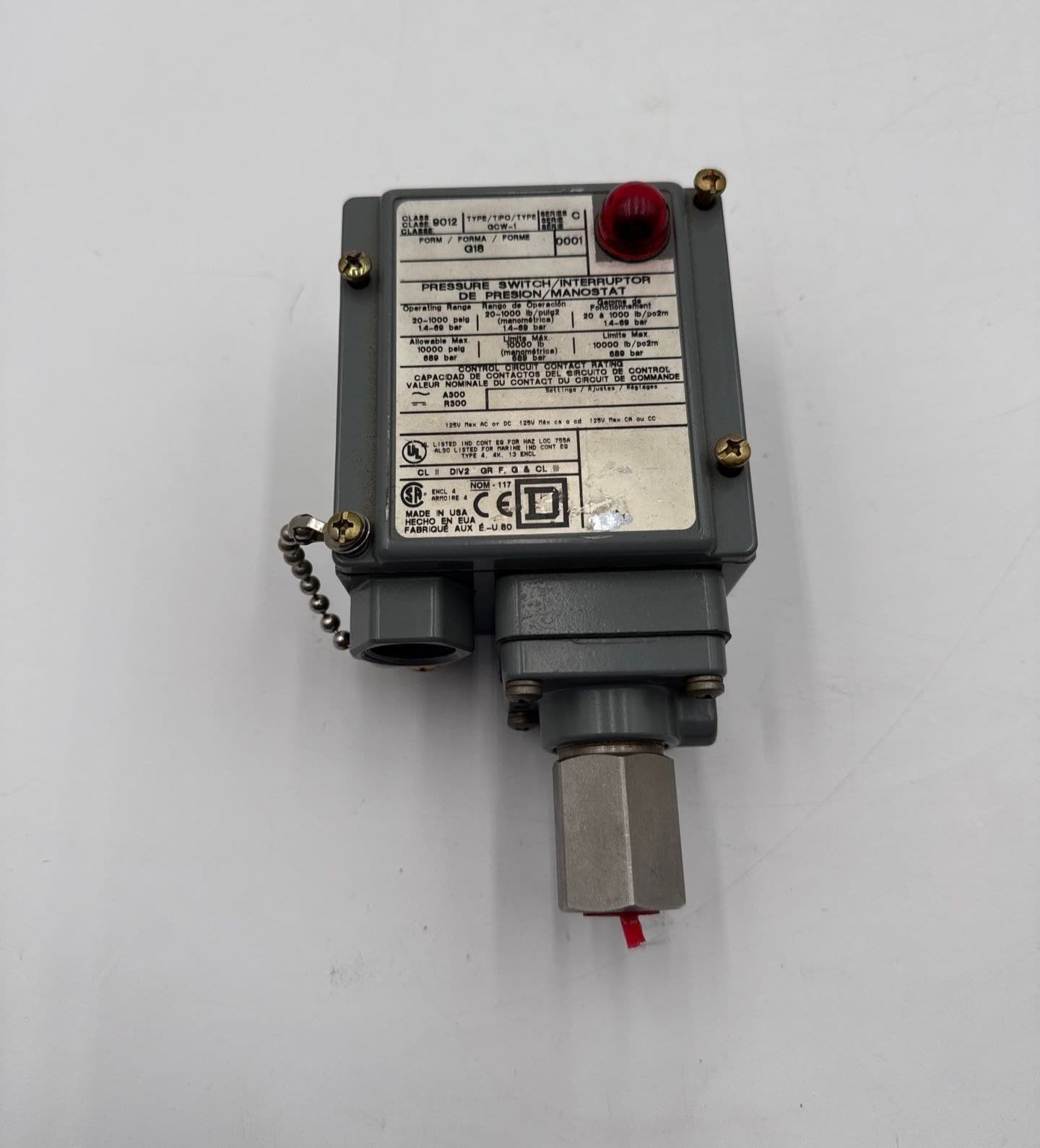 Square D 9012 GCW-1 Pressure Switch Adjustable 20-1000PSIG 480V 10A 9012GCW1 – image 1