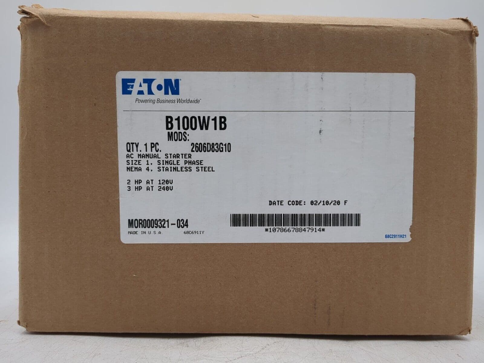 Eaton B100W1B Manual Starter Non-Rev Size 1 2P 9-45A 240V 1PH 3HP NEMA 4