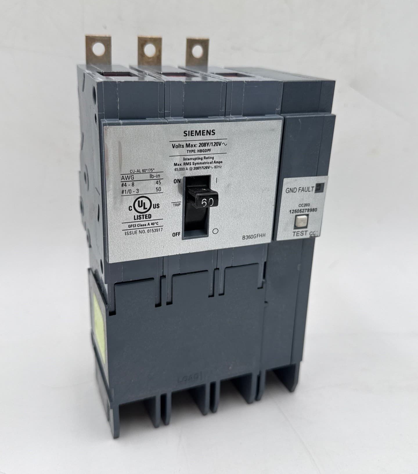 Siemens B360GFHH Circuit Breaker 60A 3P 208Y/120V 65kA HBQDPF Bolt On 60 Amp New