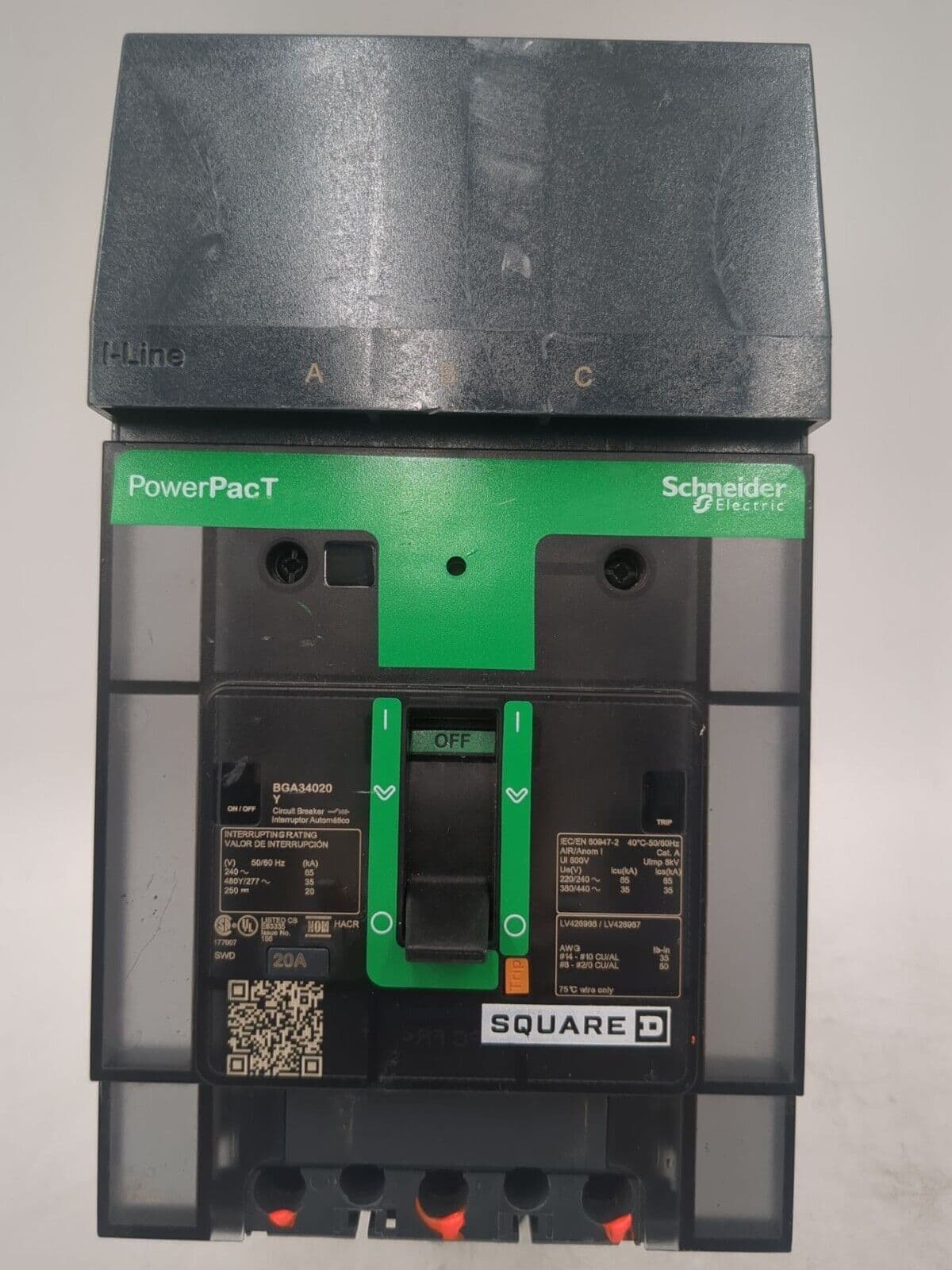 Square D BGA34020Y I-Line Circuit Breaker 20A 3P 480V BGA 20 Amp 3 Pole