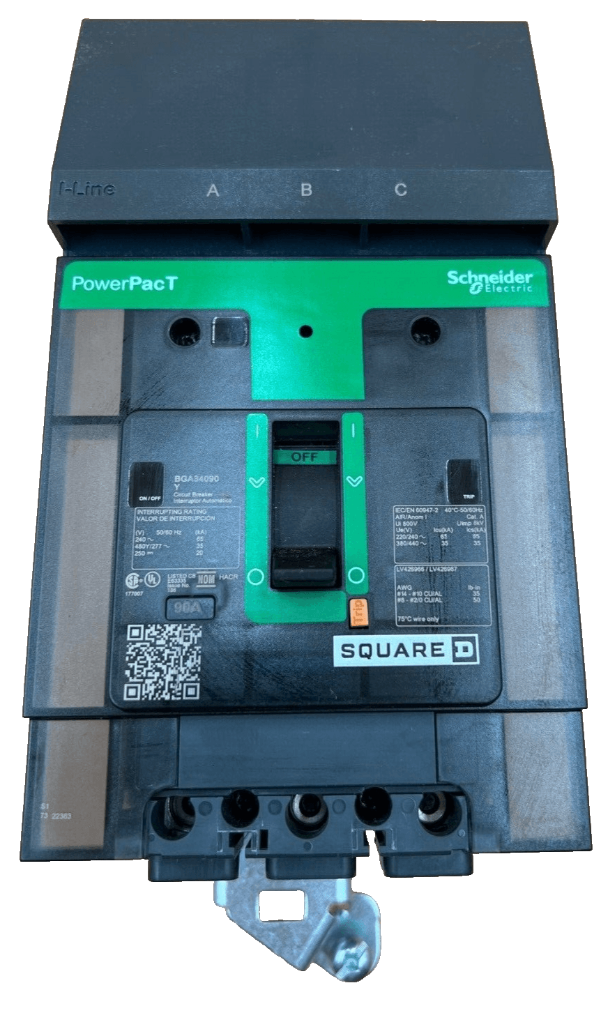 SQD BGA34090Y I-Line Circuit Breaker 90A 3P 480V 3PH BGA 90 Amp 3 Pole PowerPact – image 1
