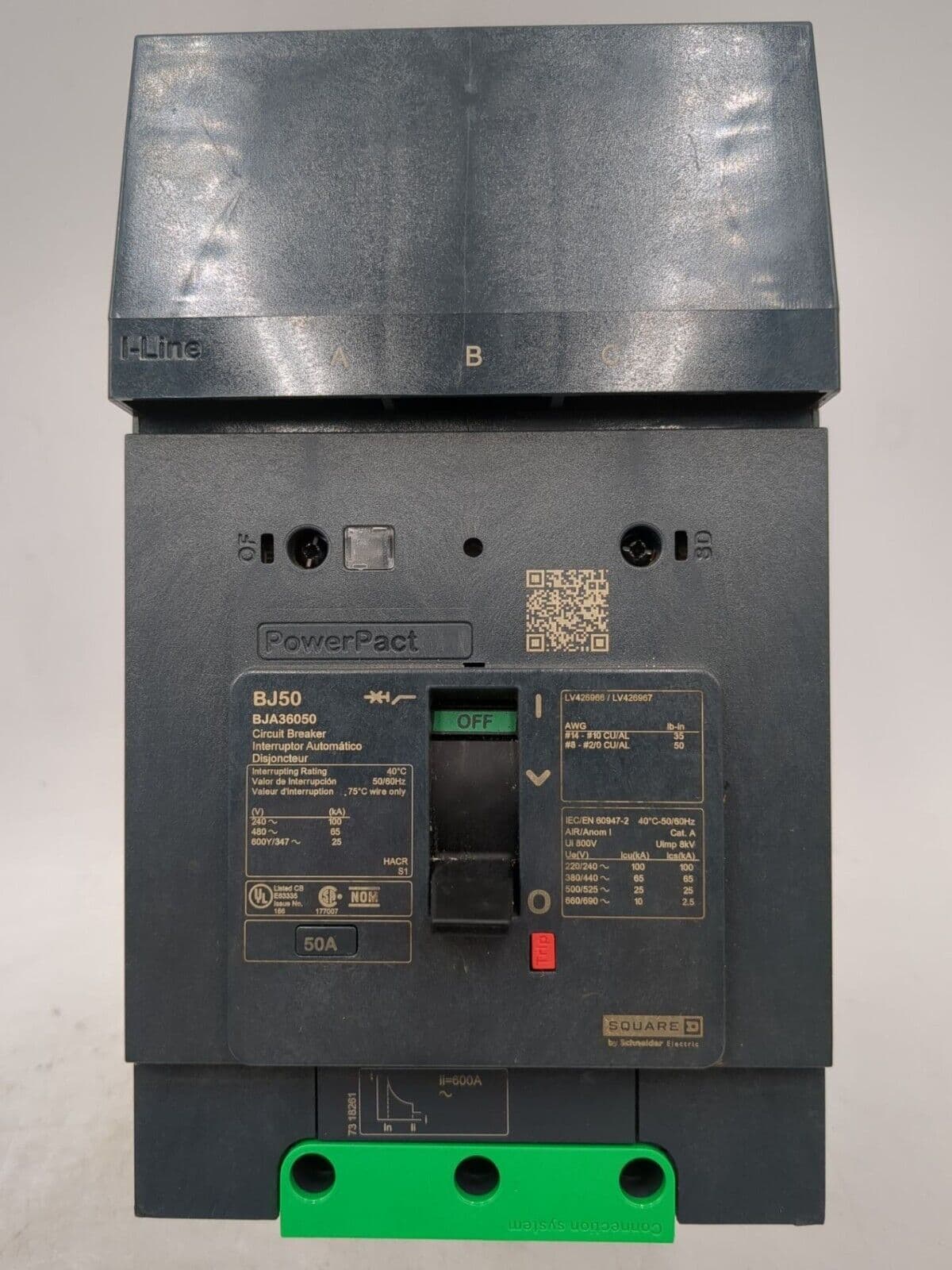 Square D BJA36050 I-Line Circuit Breaker 50A 3P 600V BJA 50 Amp 3 Pole PowerPact