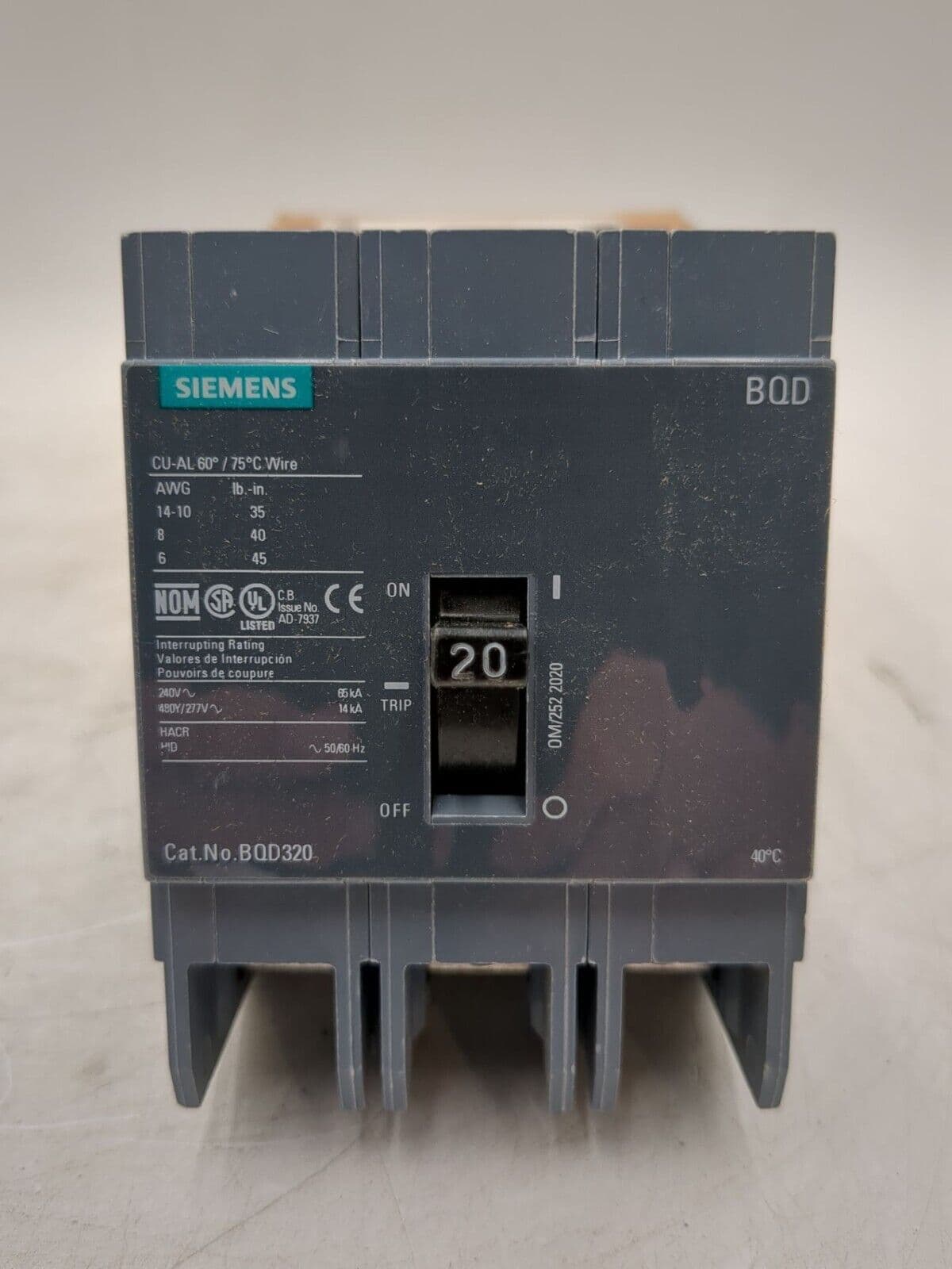 Siemens BQD320 Bolt On Circuit Breaker 20A 3P 480V BQD 20 Amp 3 Pole – image 1