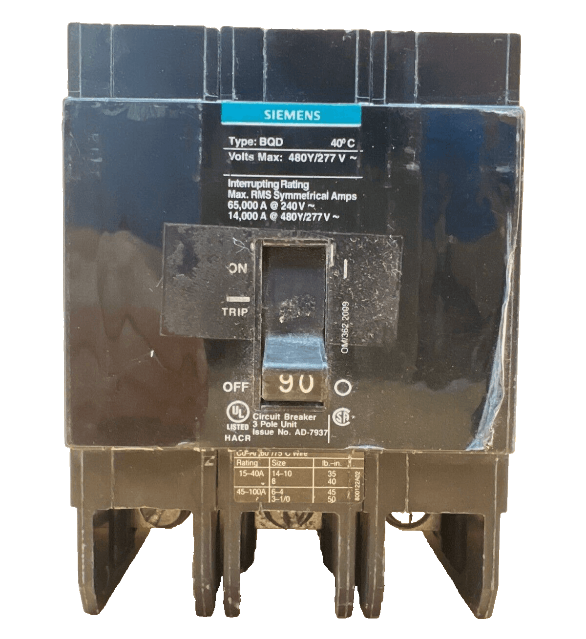 Siemens BQD390 Circuit Breaker 90A 480V 3P Bolt On BQD 90 Amp 3 Pole – image 1