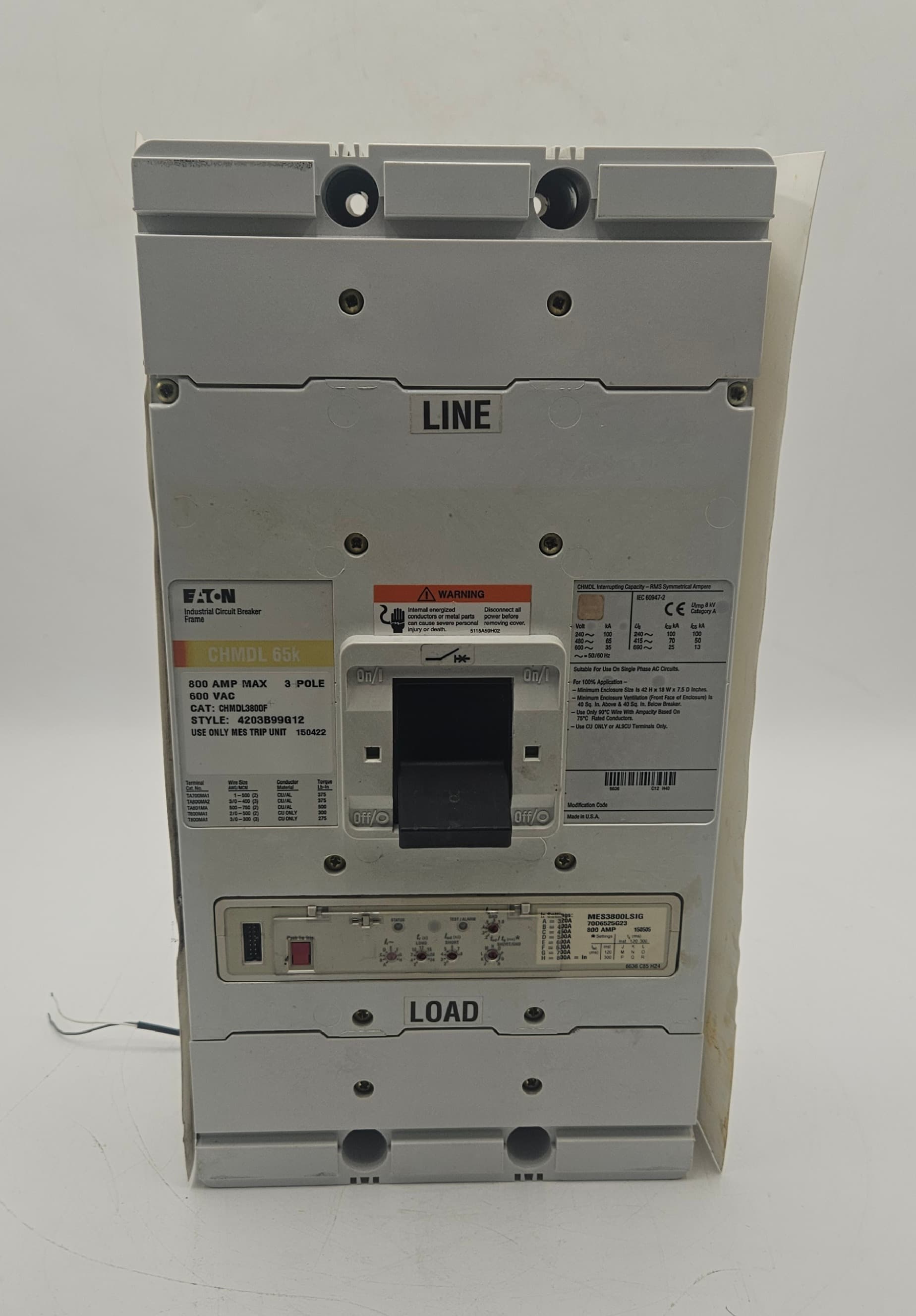 Eaton CHMDL3800F 800A 3P 600V 100% Rated Breaker w/ MES3800LSIG Trip Unit – image 1