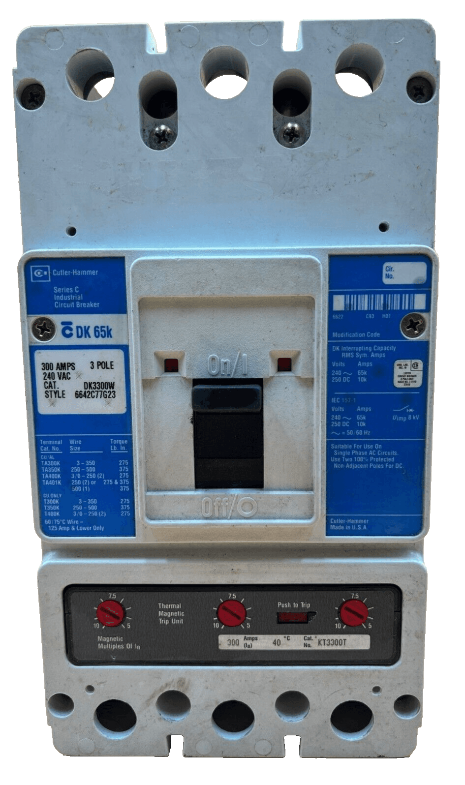 Cutler Hammer DK3300W Circuit Breaker 300A 3P 240V 3PH Bolt on 300 Amp 3 Pole – image 1