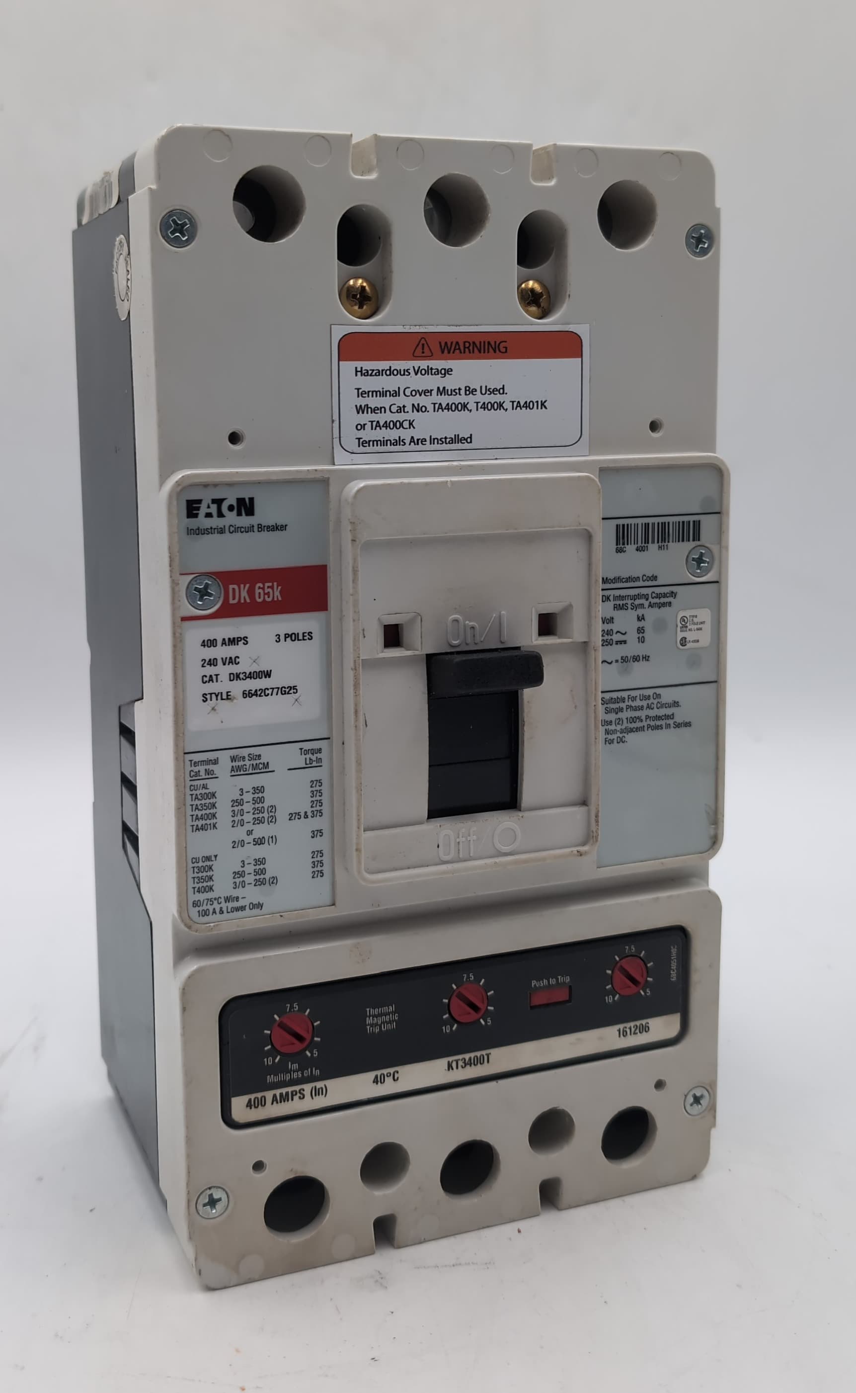 Eaton Cutler-Hammer DK3400W 400A 3P 240V Circuit Breaker w/ KT3400T Trip Unit – image 1