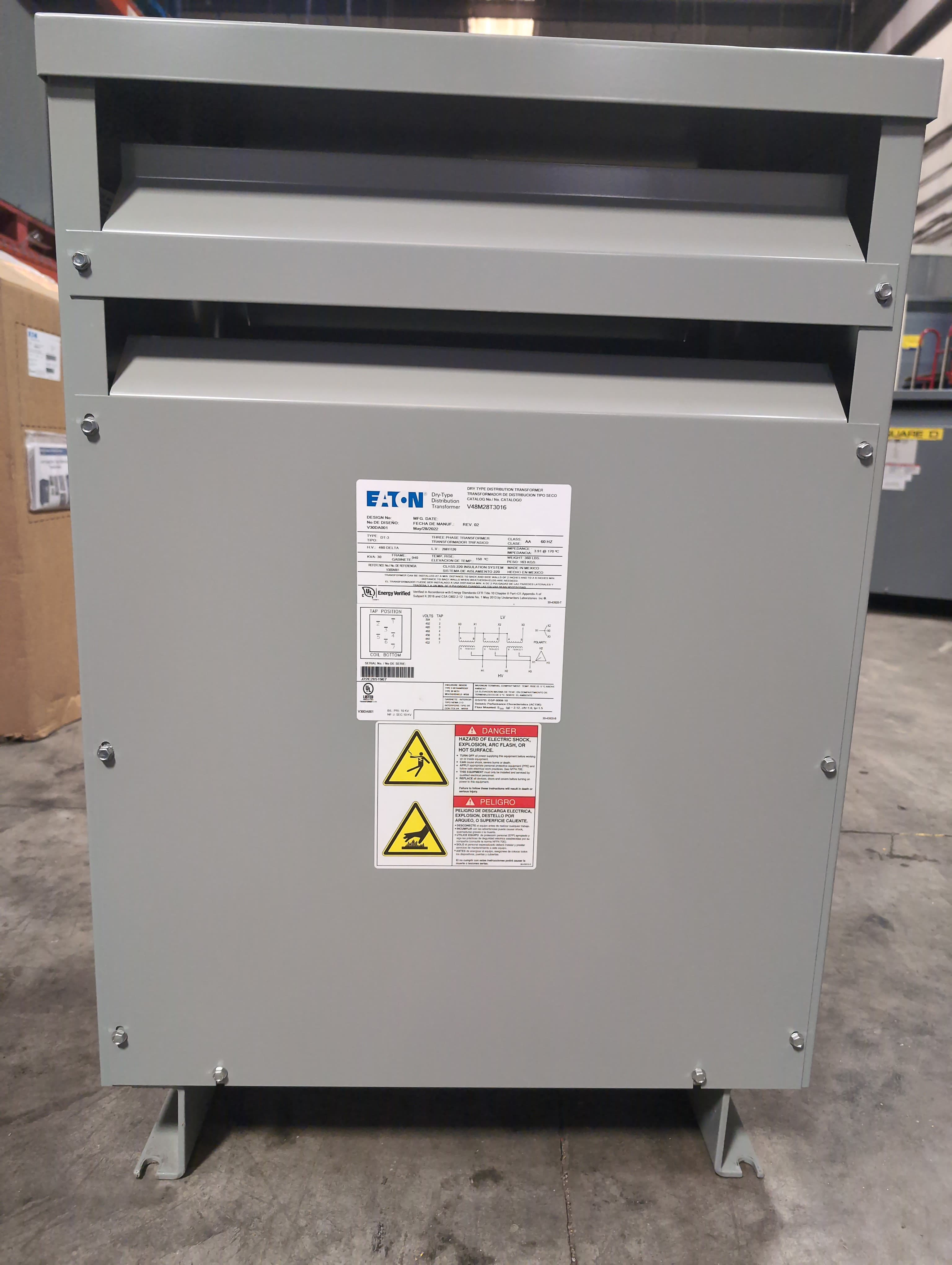 30KVA Eaton V48M28T3016 Transformer Pri 480V Sec 208/120V 3PH Indoor Encl 60Hz