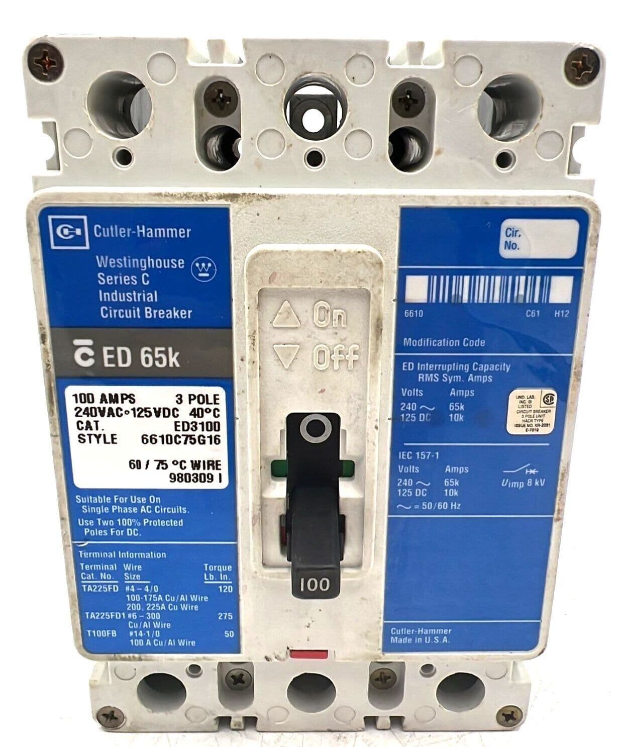 Cutler-Hammer ED3100 Circuit Breaker 100A 3P 240V 3PH ED 65k 100 Amp 3 Pole – image 1
