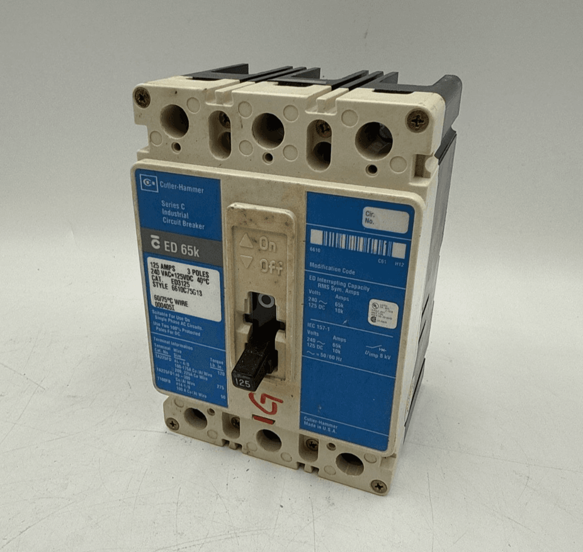 Cutler Hammer ED3125 Circuit Breaker 125A 3P 240V 3PH ED 65k 125 Amp 3 Pole