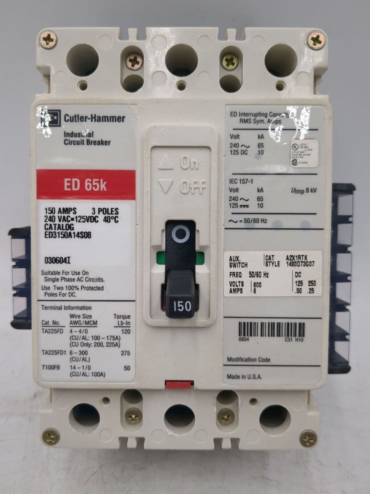 Cutler-Hammer ED3150A14S08 Circuit Breaker 150A 3P 240V ED 65k 150 Amp – image 1