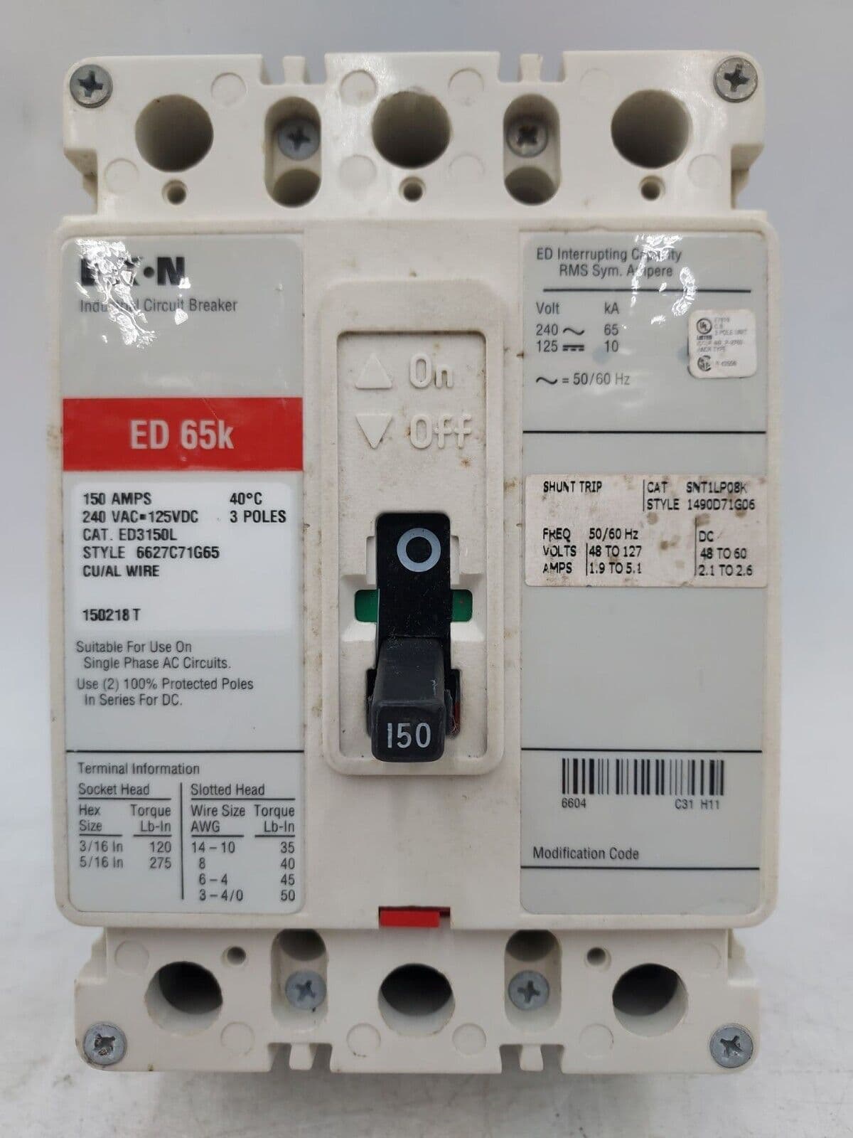 Eaton ED3150L Circuit Breaker 150A 3P 240V ED 65k 150 Amp 3 POLE BOLT ON – image 1