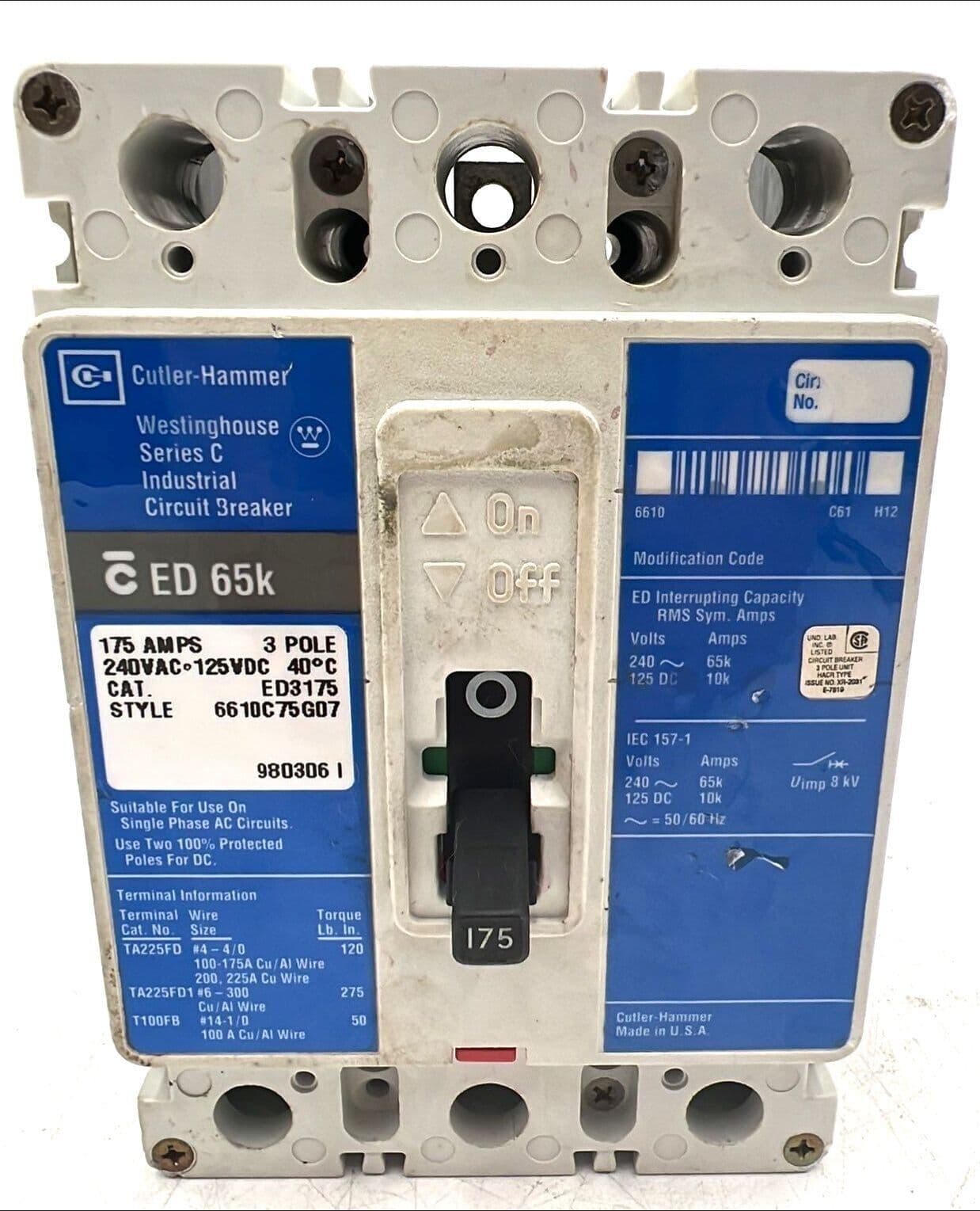 Cutler-Hammer ED3175 Circuit Breaker 175A 3P 240V ED 65k 175 Amp 3 Pole – image 1