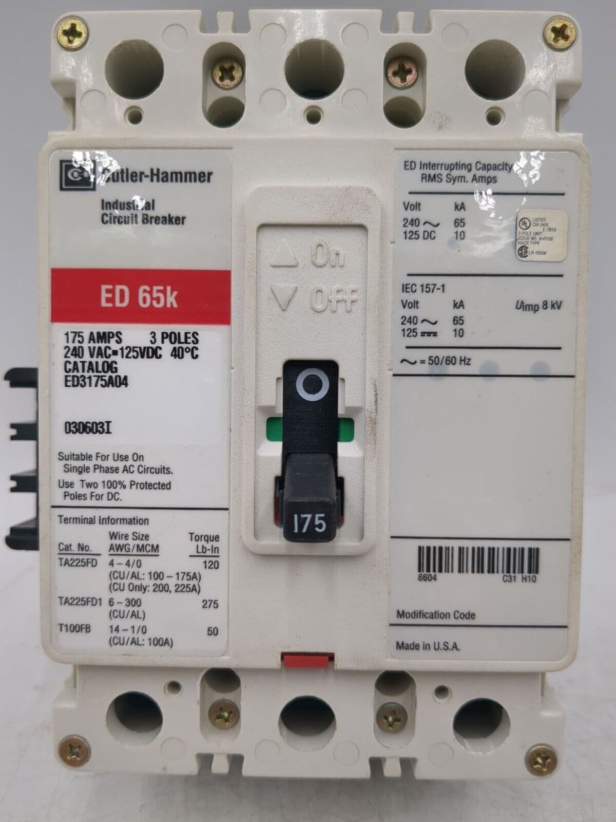 Cutler-Hammer ED3175A04 Circuit Breaker 175A 3P 240V 3PH ED 65k 175 Amp – image 1