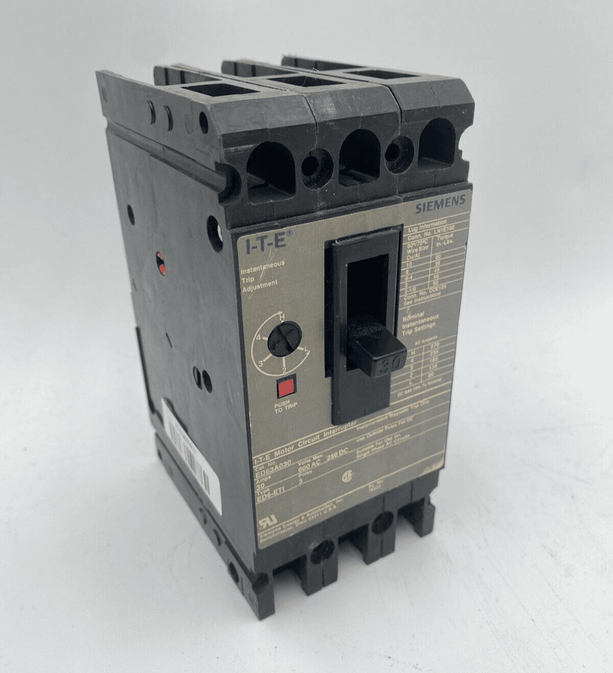 ITE Siemens ED63A030 Circuit Breaker 30A 3P 600V 3PH ED6-ETI 30 Amp 3 Pole Used – image 1