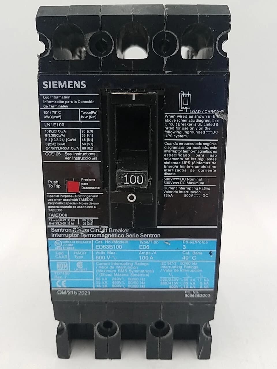 Siemens ED63B100 Circuit Breaker 100A 3P 600V ED6 3 Pole 100 Amp Used – image 1