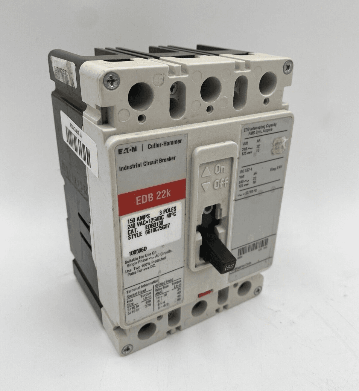 Eaton EDB3150 Circuit Breaker 150A 3P 240V 3PH EDB Bolt On 150 Amp 3 Pole