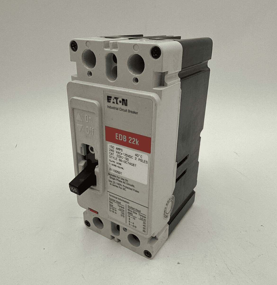Eaton EDB2150 Circuit Breaker 150A 2P 240V 1PH EDB 22k 150 Amp 2 Pole Bolt On – image 1