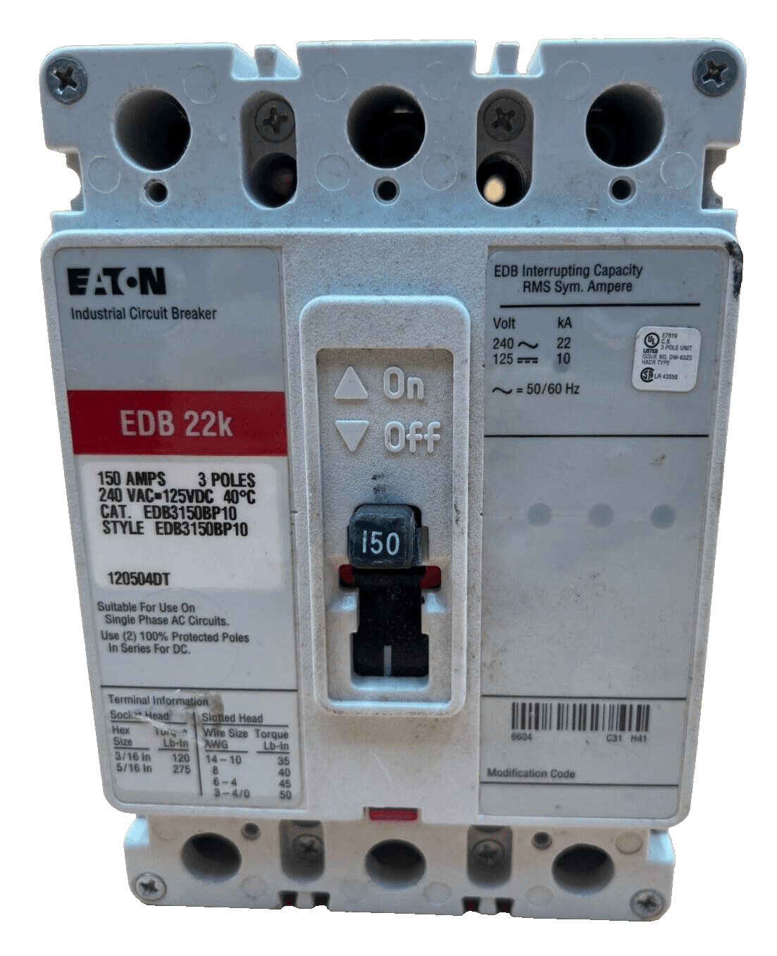 Eaton EDB3150BP10 Circuit Breaker 150A 3P 240V 3PH Bolt on 150 Amp 3 Pole – image 1