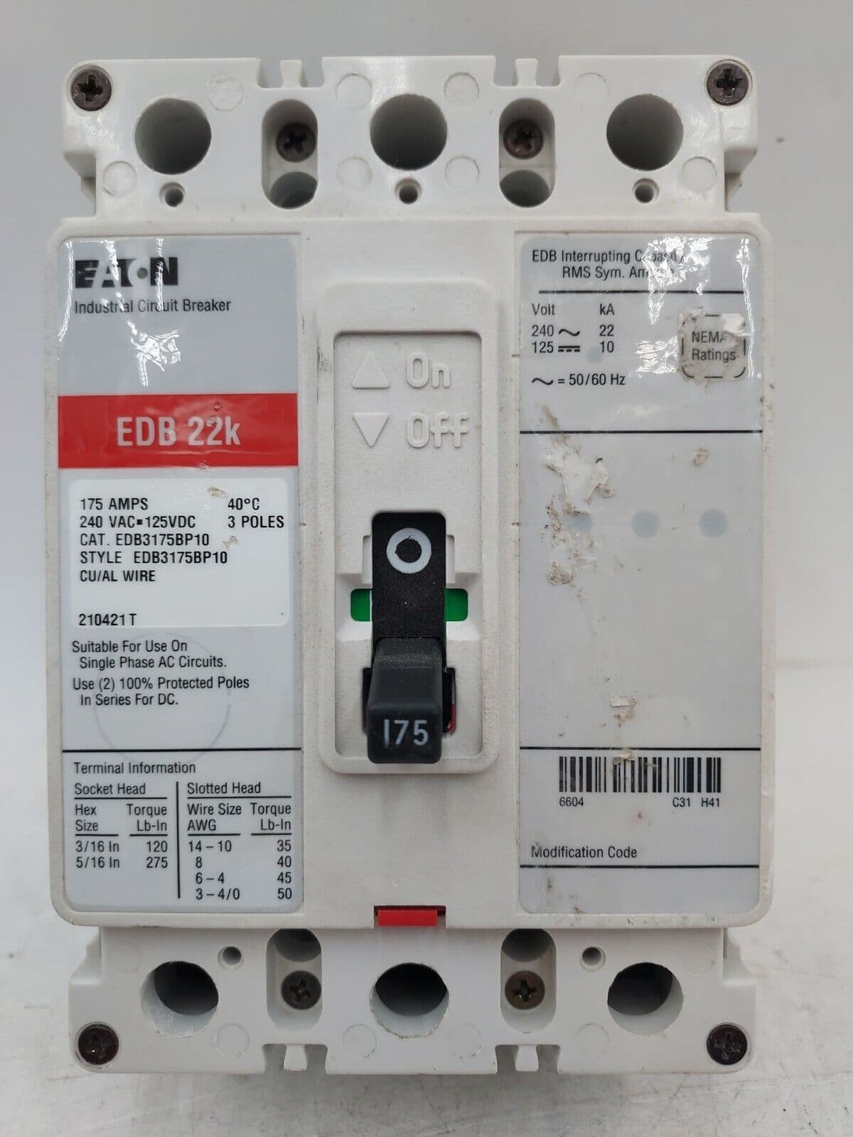 EATON CH EDB3175BP10 Circuit Breaker 175A 3P 240V EDB 22k 175 Amp 3 POLE – image 1