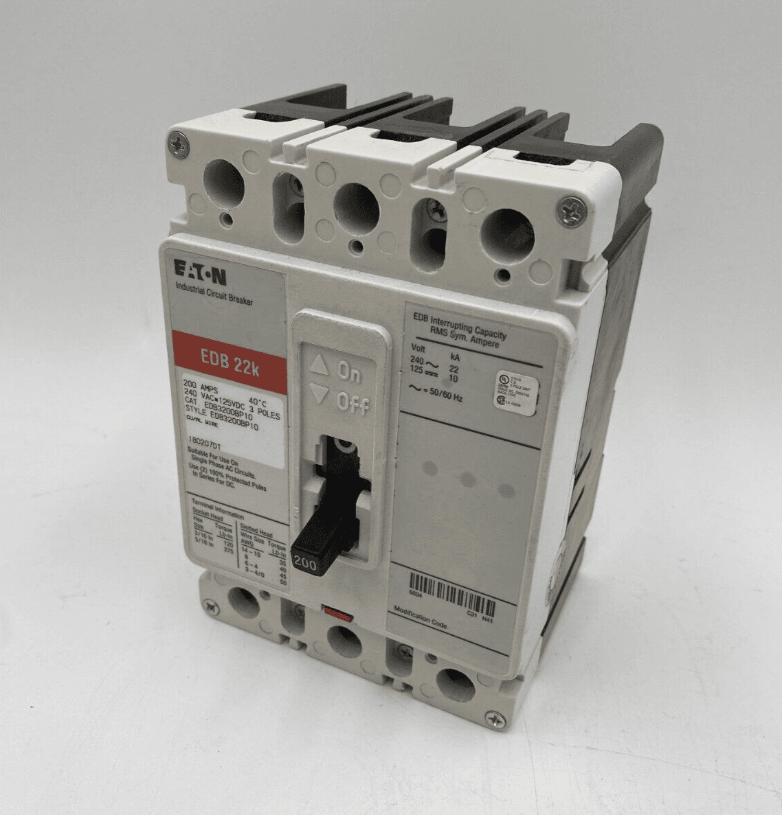 Eaton EDB3200BP10 Circuit Breaker 200A 3P 240V EDB 22k 200 Amp 3 Pole – image 1