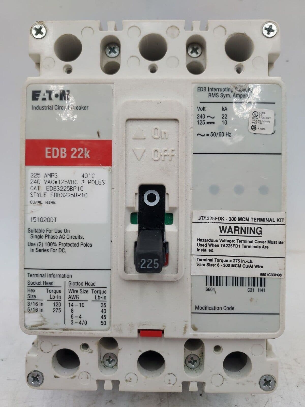 EATON CH EDB3225BP10 Circuit Breaker 225A 240V 3P EDB 22k 225 Amp 3 POLE – image 1