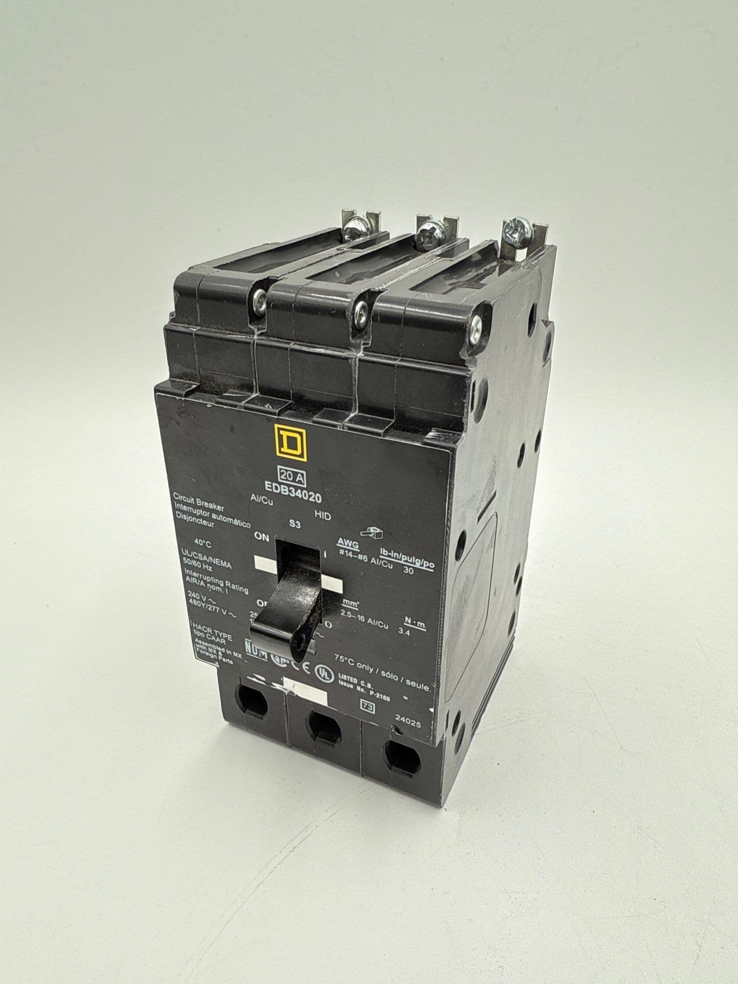 Square D EDB34020 Circuit Breaker 20A 3P 480V 3PH EDB 20 Amp 3 Pole – image 1