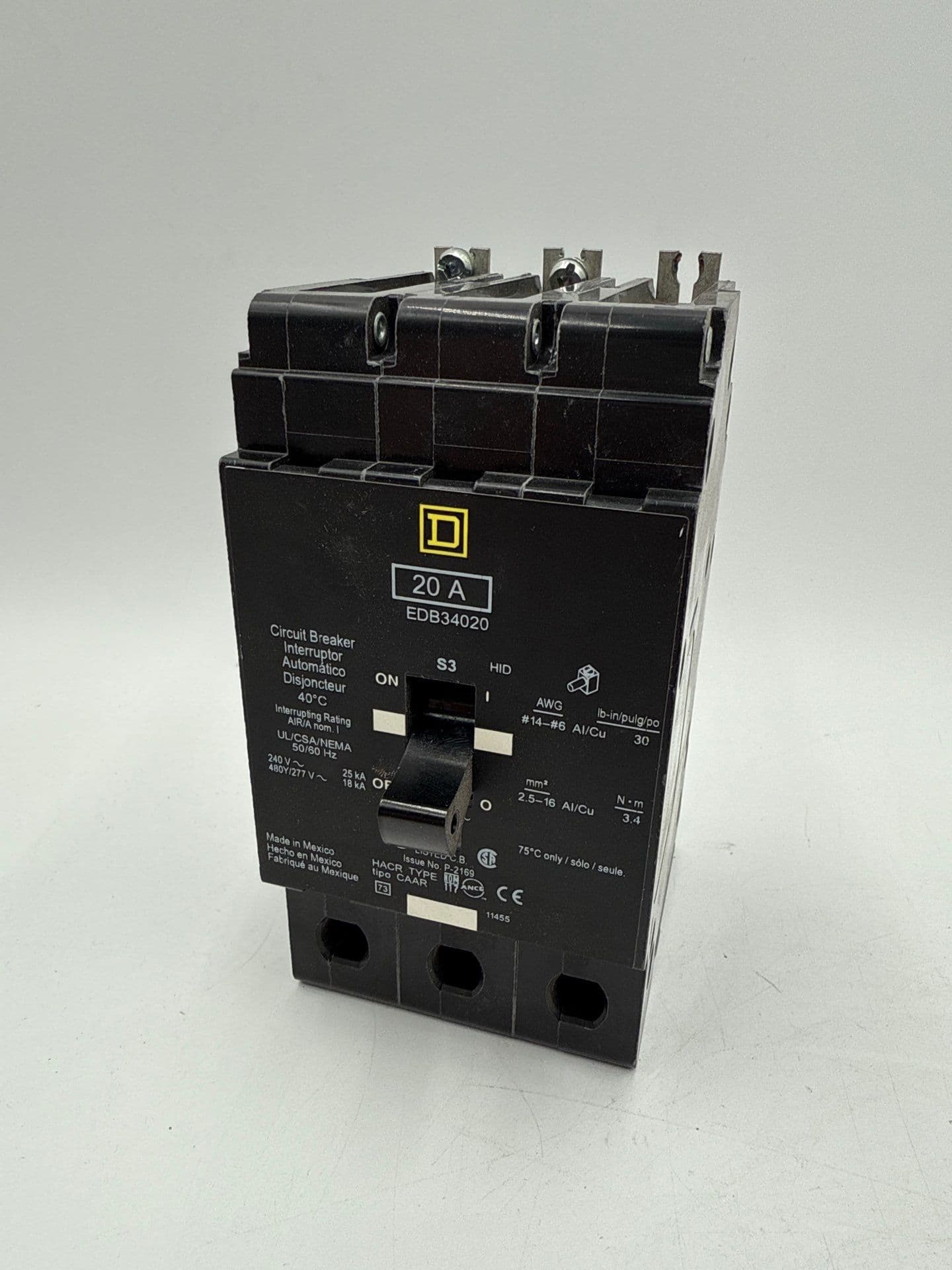 Square D EDB34020 Bolt On Circuit Breaker 20A 3P 480Y/277V 3PH 20 Amp 3 Pole