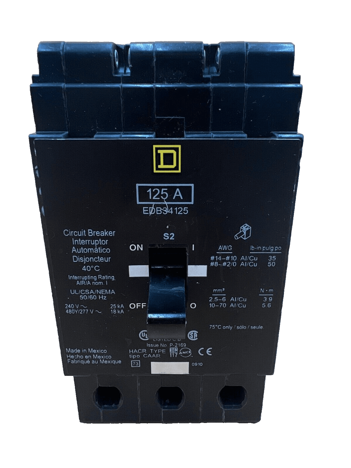 Square D EDB34125 Bolt On Circuit Breaker 125A 480V 3 Pole – image 1