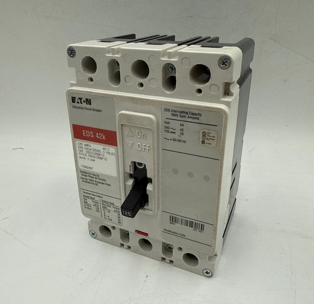 Eaton EDS3125BP10 Circuit Breaker 125A 3P 240V 3PH EDS 42k 125 Amp 3 Pole – image 1