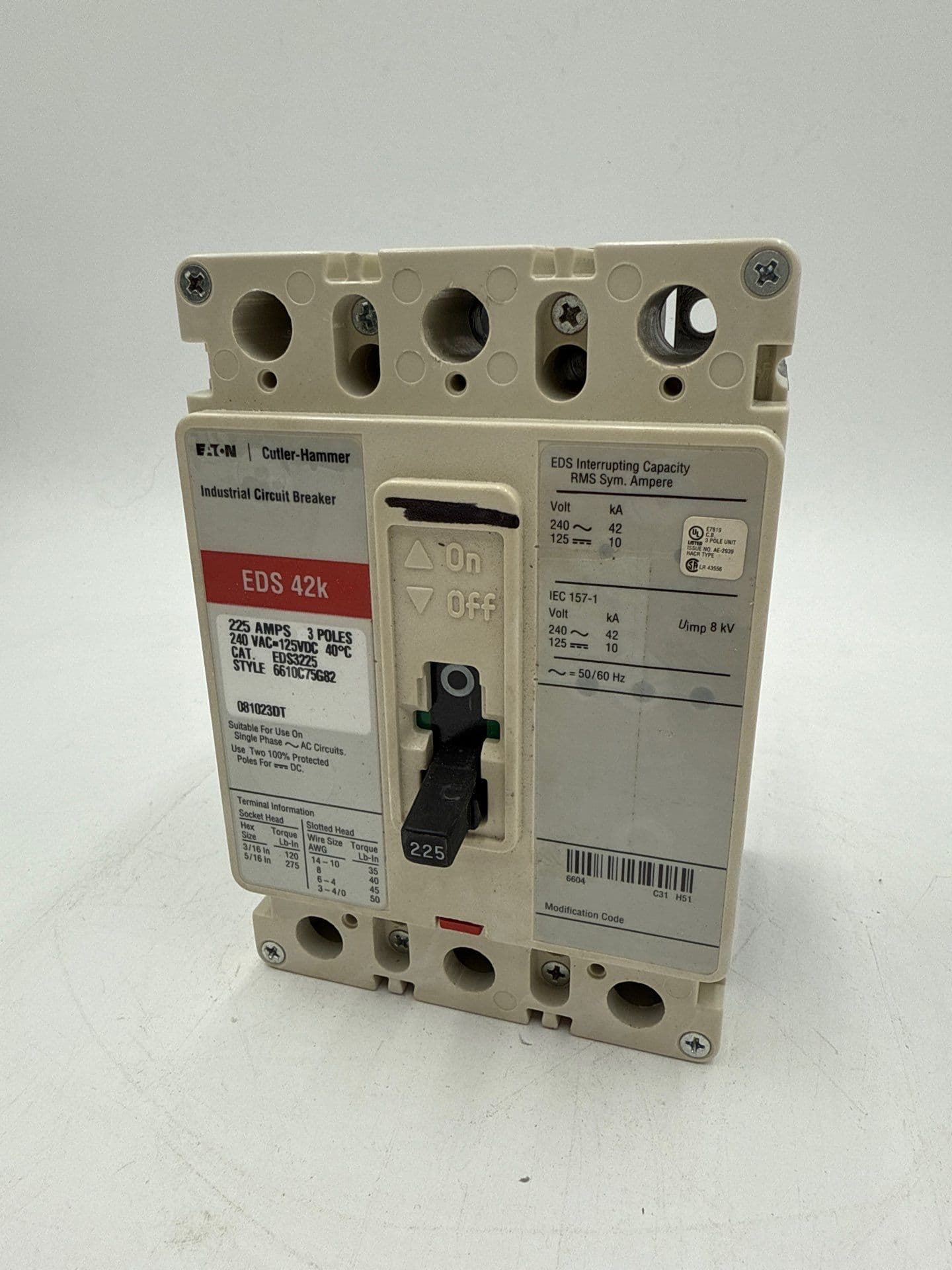 Eaton EDS3225 Circuit Breaker 225A 3P 240V 3PH EDS 42K 225 Amp 3 Pole – image 1