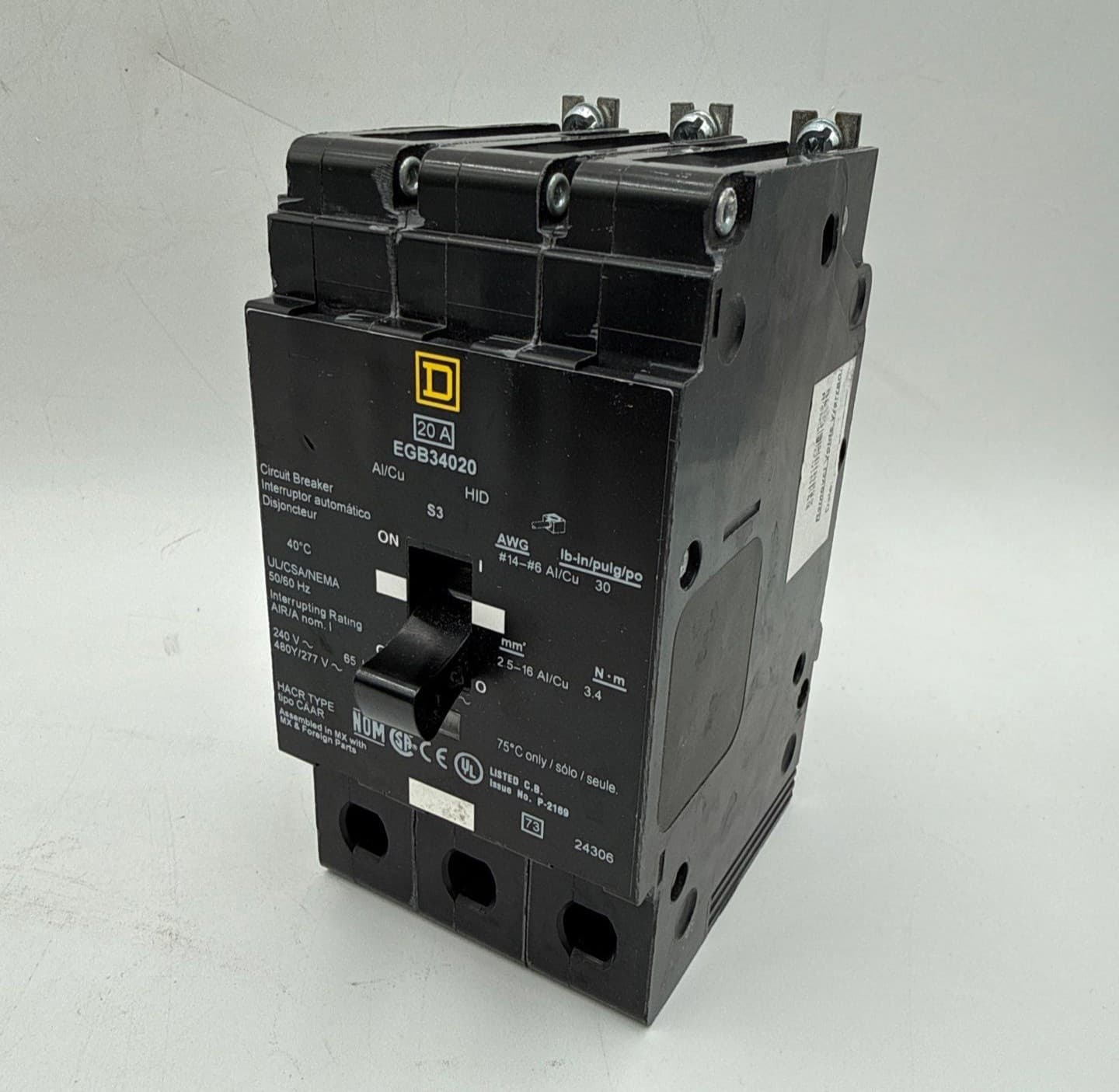 Square D EGB34020 Circuit Breaker 20A 3P 480Y/277V 3PH EGB 20 Amp 3 Pole Bolt On – image 1